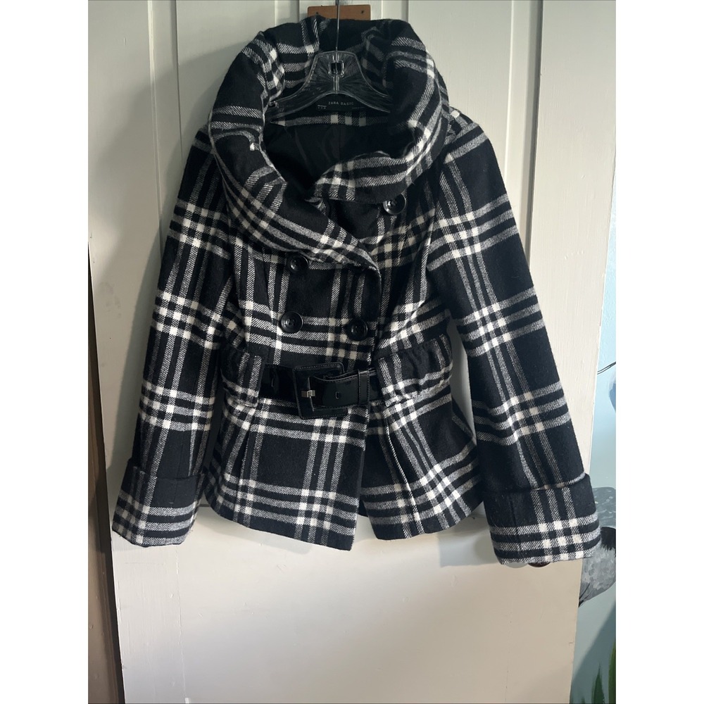 Ladies Preppy Plaid Pea Coat Minimalist Blair Waldorf Size S Zara Basic Plaid